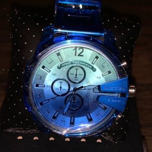 Diesel Mega Chief Chronograph Silver Dial Blue Polyurethane 51mm Watch DZ4531